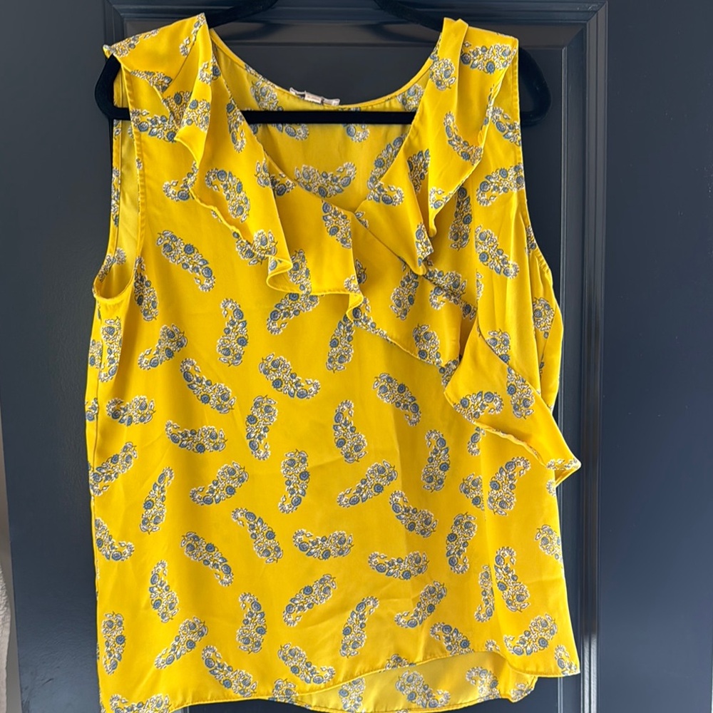 LOFT Yellow Ruffled Blouse with Blue Accents